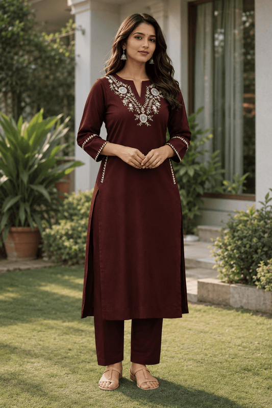 Wine Elegance Embroidered Kurta Set - Achyutara