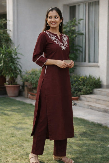 Wine Elegance Embroidered Kurta Set - Achyutara