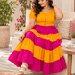 Yellow & Pink Color Block Tiered Maxi Dress for Women - Achyutara