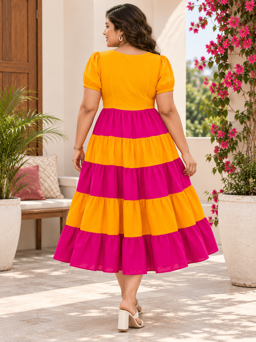 Yellow & Pink Color Block Tiered Maxi Dress for Women - Achyutara