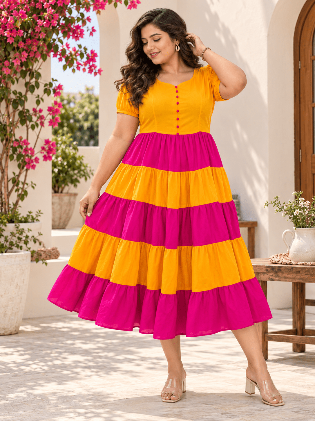 Yellow & Pink Color Block Tiered Maxi Dress for Women - Achyutara