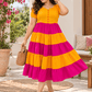 Yellow & Pink Color Block Tiered Maxi Dress for Women - Achyutara